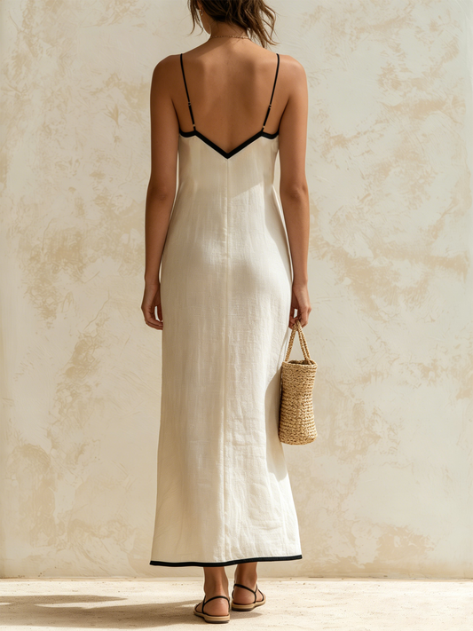 Monica | Robe longue en lin style slip avec des bords contrastés à motif en chevrons