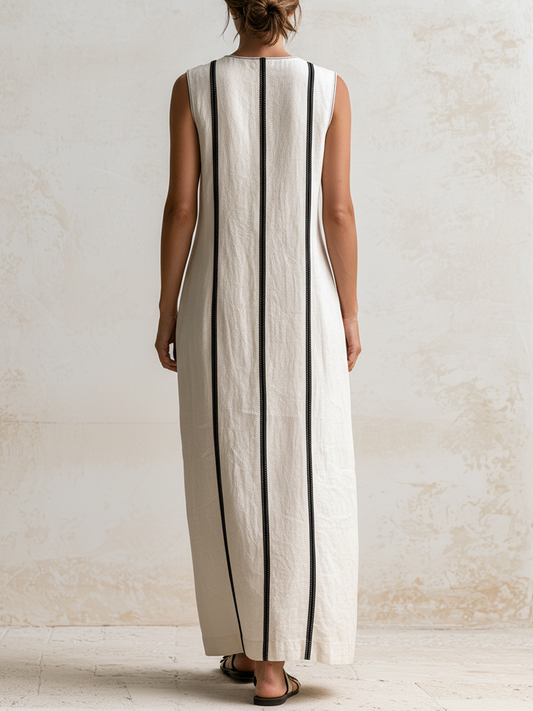 Marie | Robe midi en lin, sans manches, à revers et avec une bande verticale contrastée