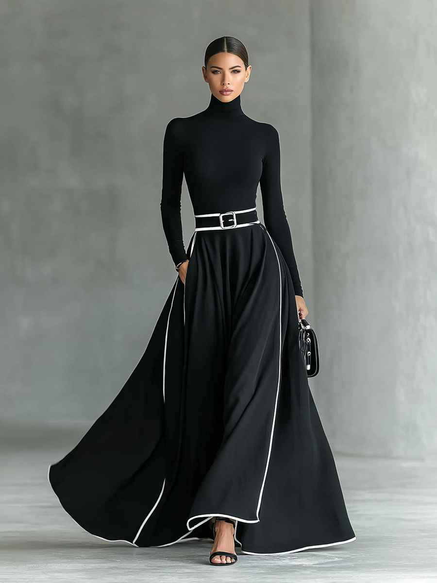 Nicoletta | Robe Maxi Noire à Col Montant et Coutures Blanches