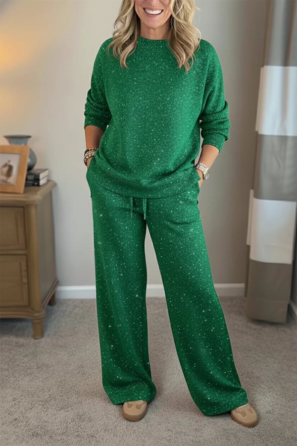 Lisette | Ensemble décontracté brillant pour femme, tailleur-pantalon deux pièces à col rond