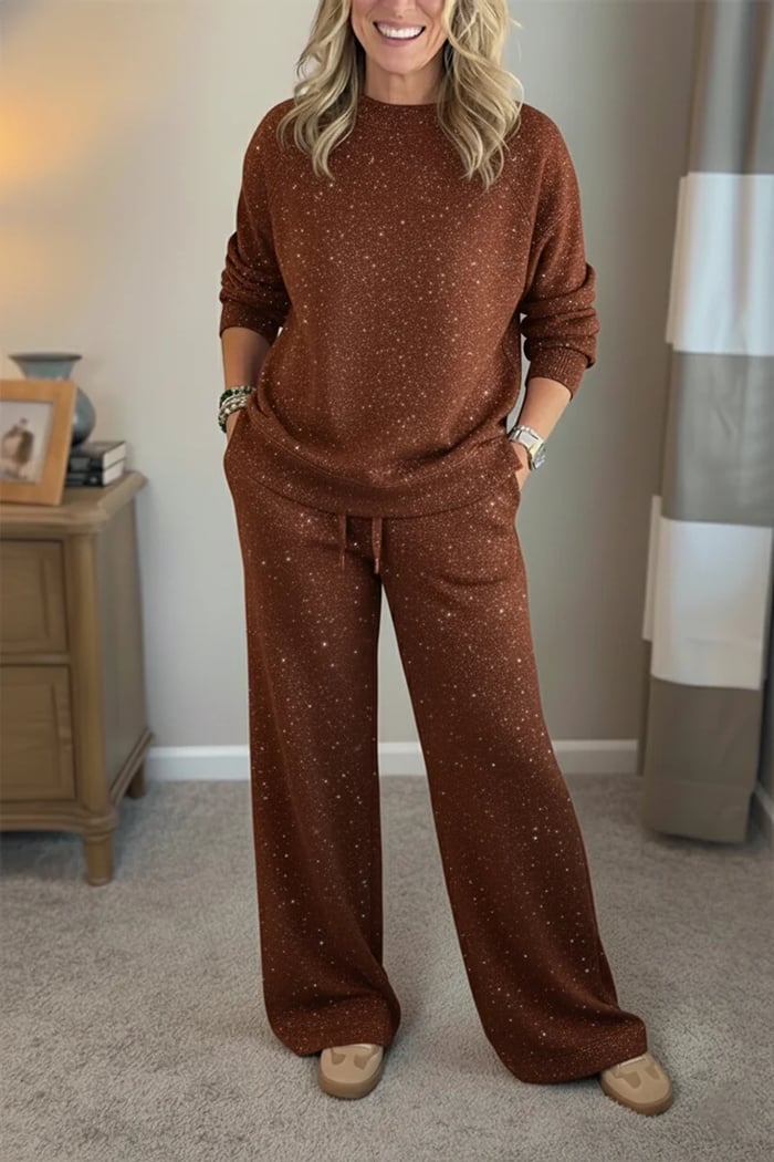 Lisette | Ensemble décontracté brillant pour femme, tailleur-pantalon deux pièces à col rond