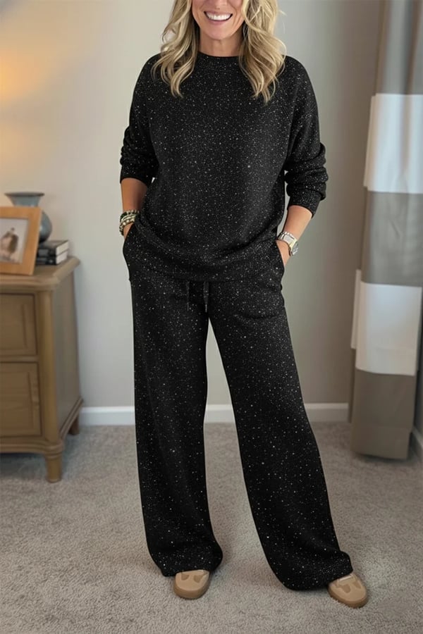 Lisette | Ensemble décontracté brillant pour femme, tailleur-pantalon deux pièces à col rond