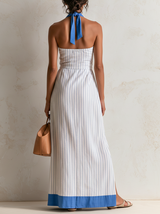 Louise | Robe longue à rayures, encolure en V et touche de bleu sur l'ourlet