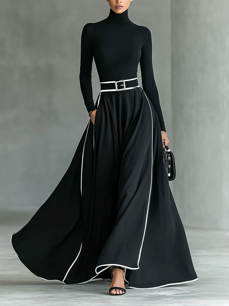 Nathalie | Robe Maxi Noire Coutures Blanches