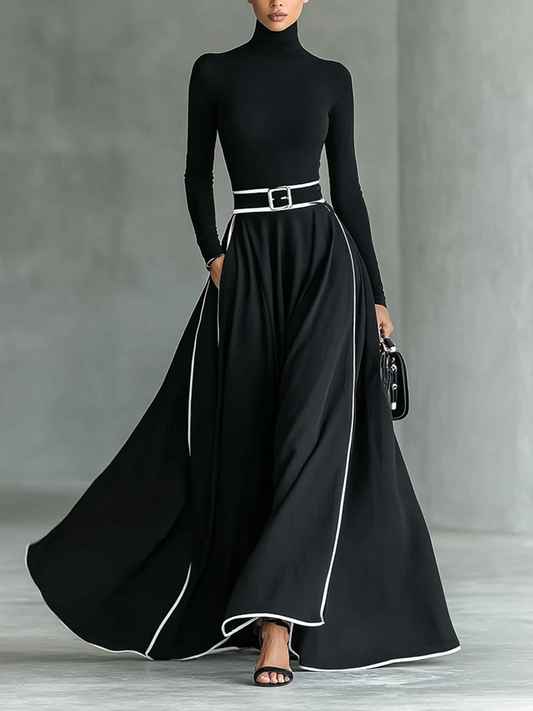 Nathalie | Robe Maxi Noire Coutures Blanches