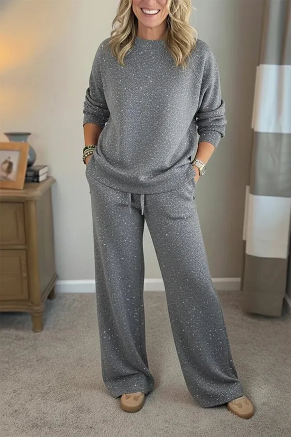 Lisette | Ensemble décontracté brillant pour femme, tailleur-pantalon deux pièces à col rond