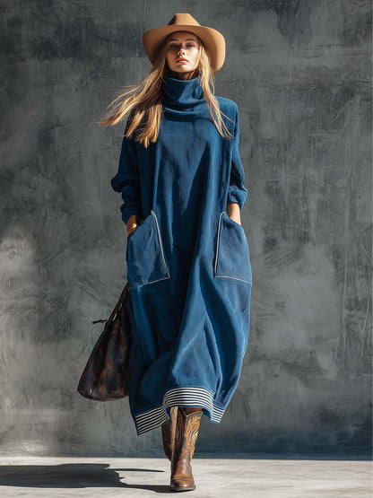 Inès | Robe Midi Vintage à Col Montant et Grandes Poches