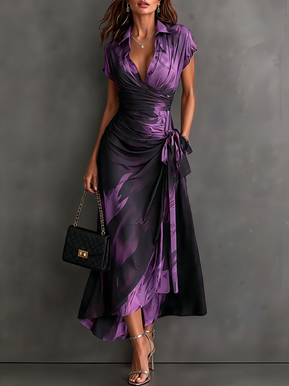 Aurelie | Robe longue croisée, col, décolleté en V et ceinture à nouer