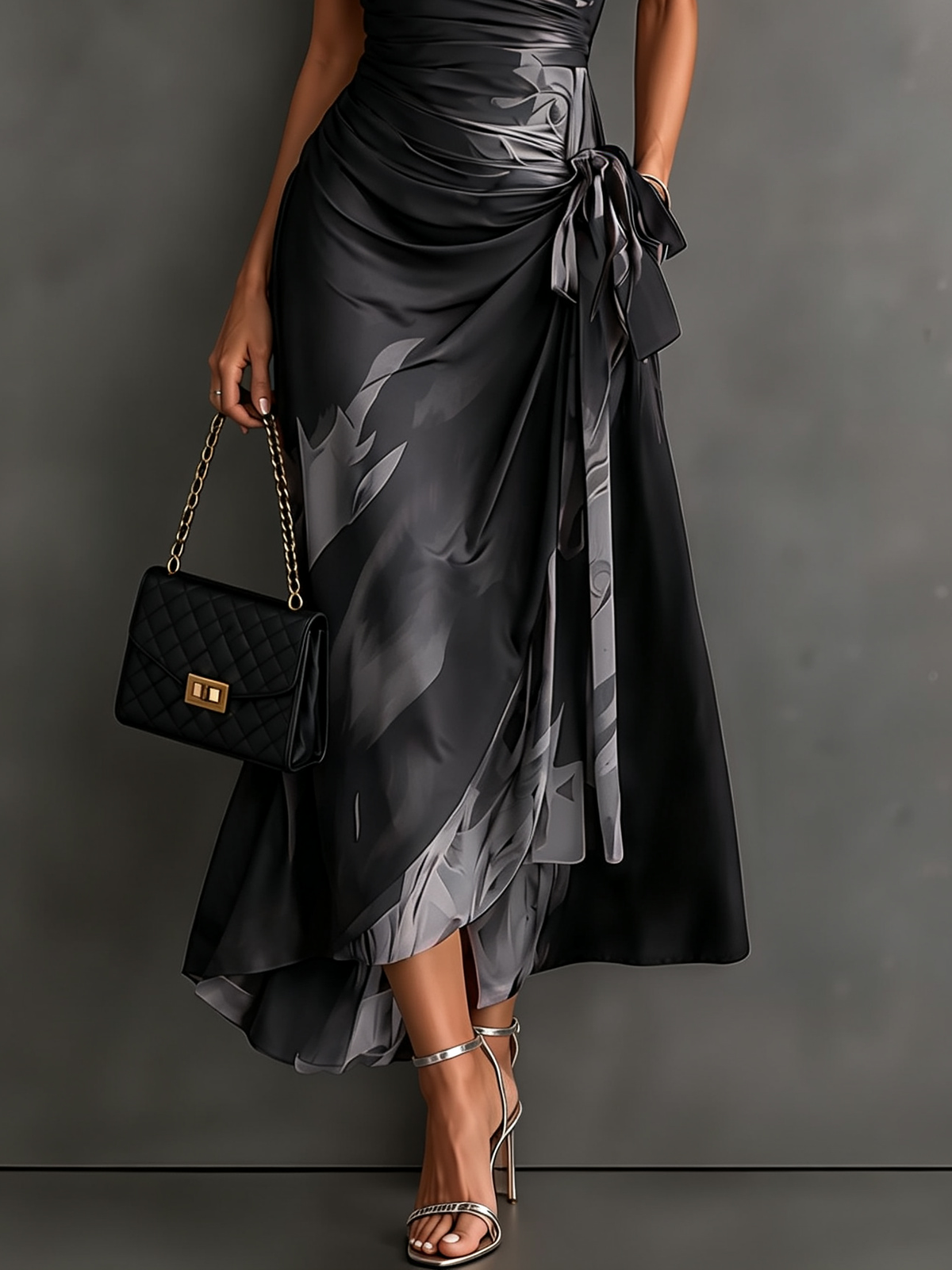 Aurelie | Robe longue croisée, col, décolleté en V et ceinture à nouer