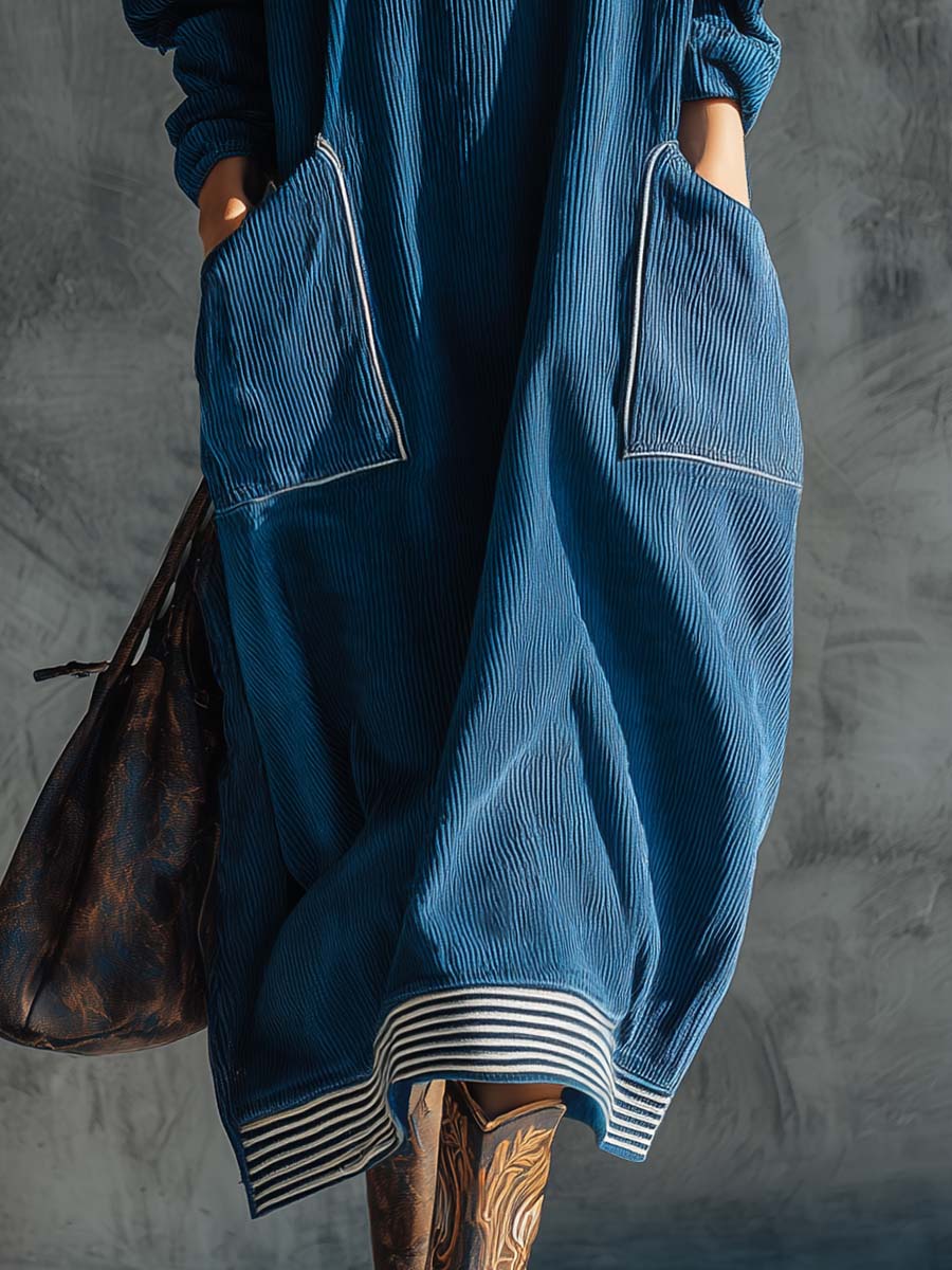 Inès | Robe Midi Vintage à Col Montant et Grandes Poches