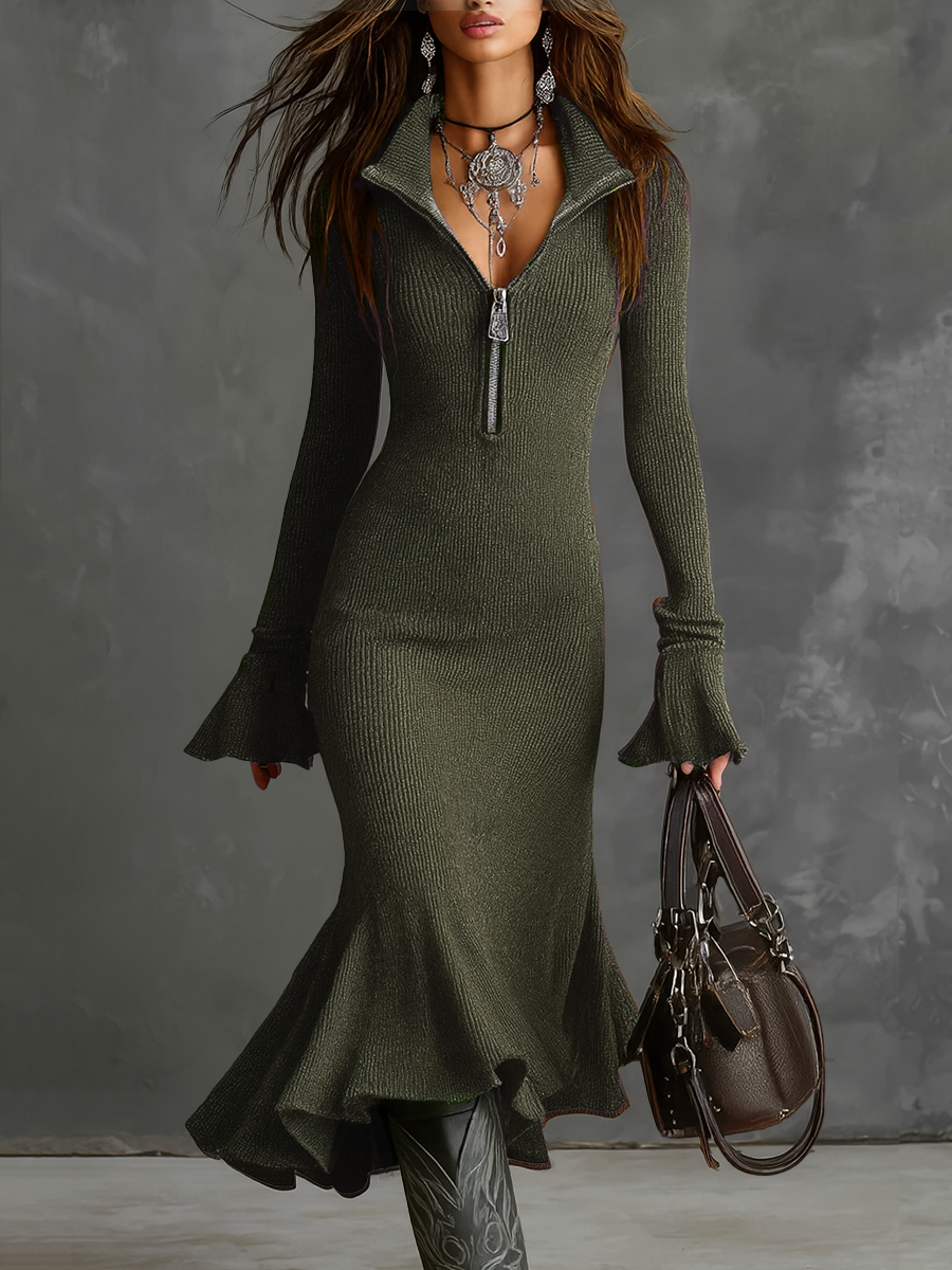 Margot | Robe midi en maille à col zippé et manches trompette rétro