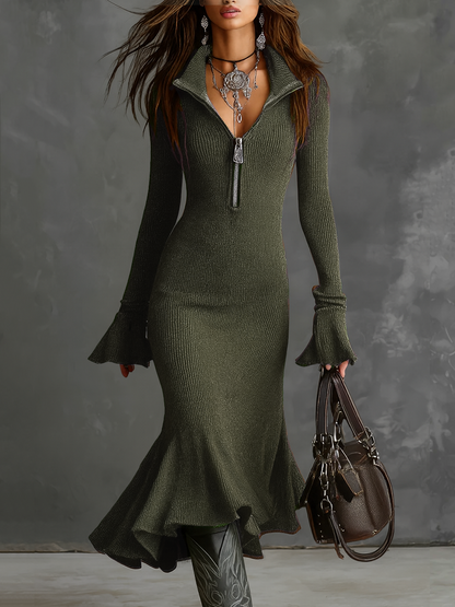 Margot | Robe midi en maille à col zippé et manches trompette rétro