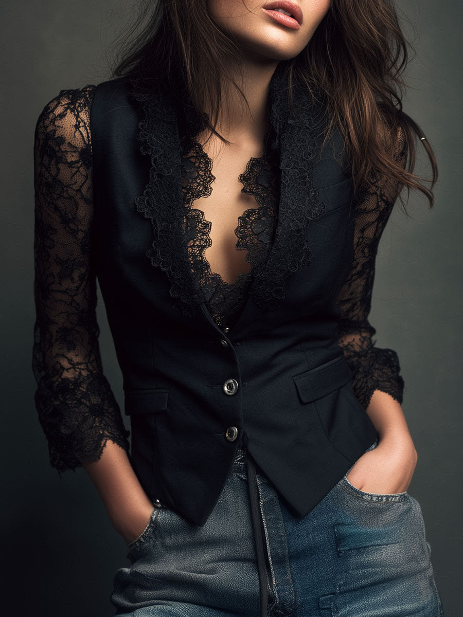 Noémie | Haut Blazer à Manches Semi-Transparentes