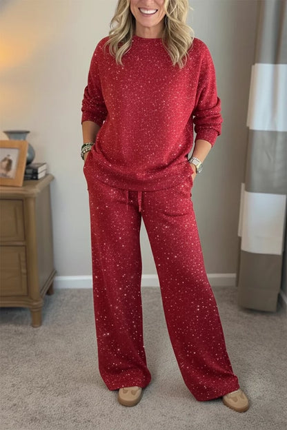 Lisette | Ensemble décontracté brillant pour femme, tailleur-pantalon deux pièces à col rond