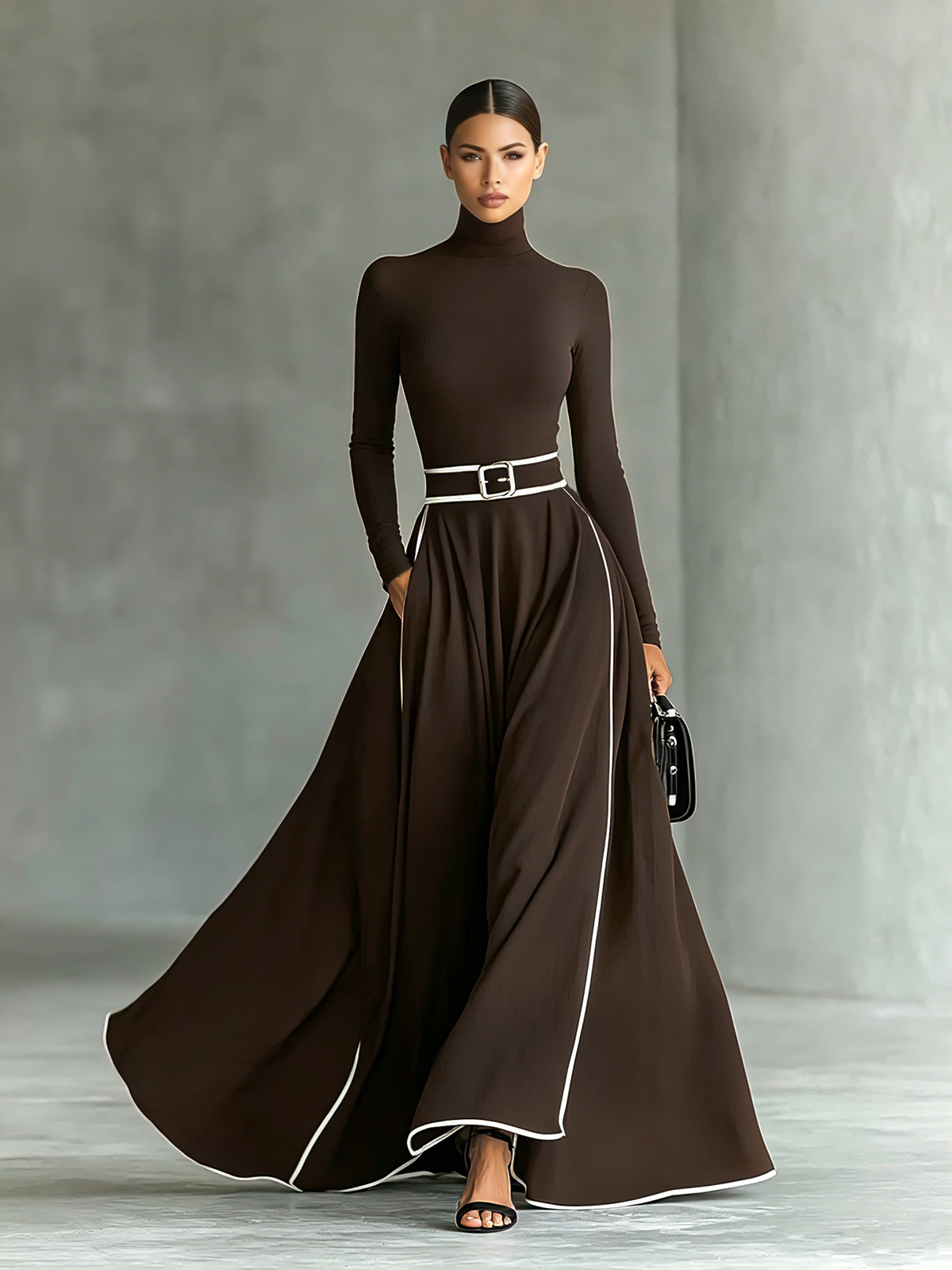 Nicoletta | Robe Maxi Noire à Col Montant et Coutures Blanches