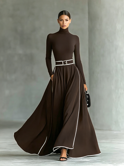 Nicoletta | Robe Maxi Noire à Col Montant et Coutures Blanches