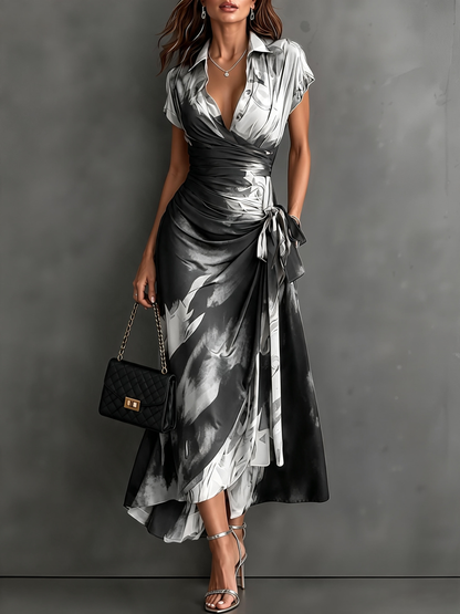 Aurelie | Robe longue croisée, col, décolleté en V et ceinture à nouer