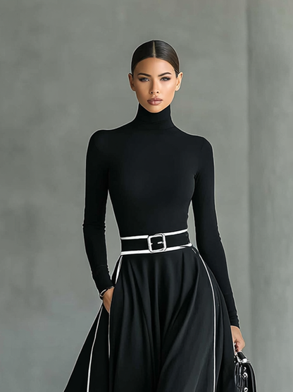 Nicoletta | Robe Maxi Noire à Col Montant et Coutures Blanches