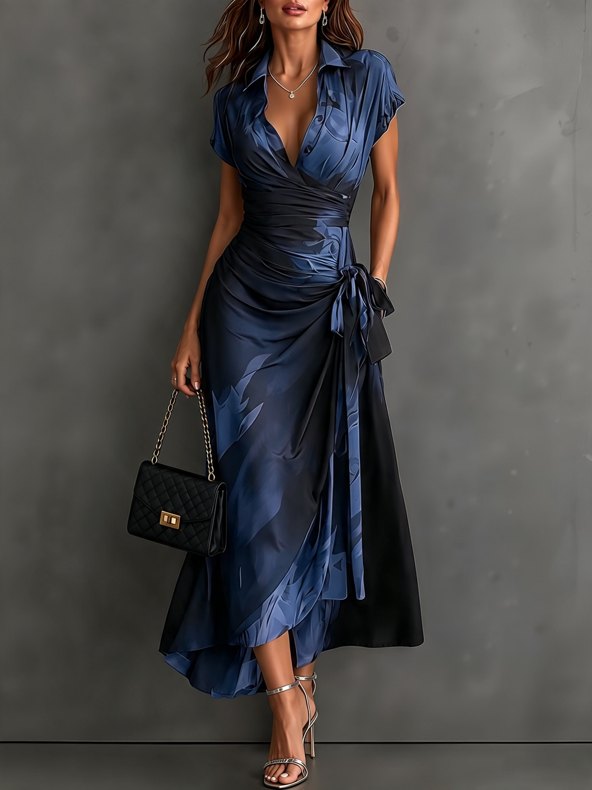 Aurelie | Robe longue croisée, col, décolleté en V et ceinture à nouer