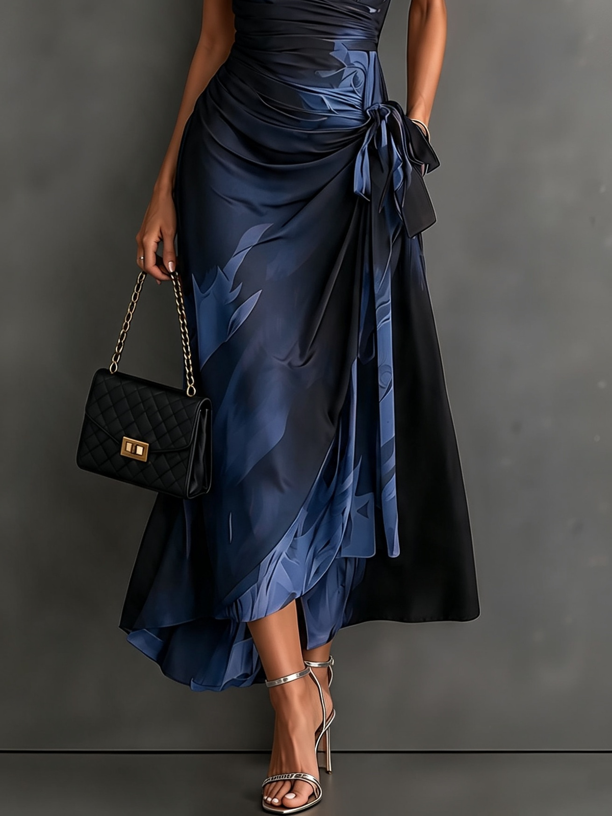 Aurelie | Robe longue croisée, col, décolleté en V et ceinture à nouer