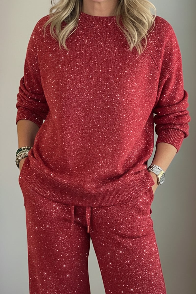 Lisette | Ensemble décontracté brillant pour femme, tailleur-pantalon deux pièces à col rond