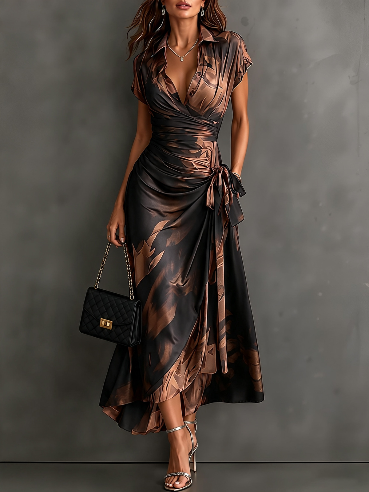 Aurelie | Robe longue croisée, col, décolleté en V et ceinture à nouer