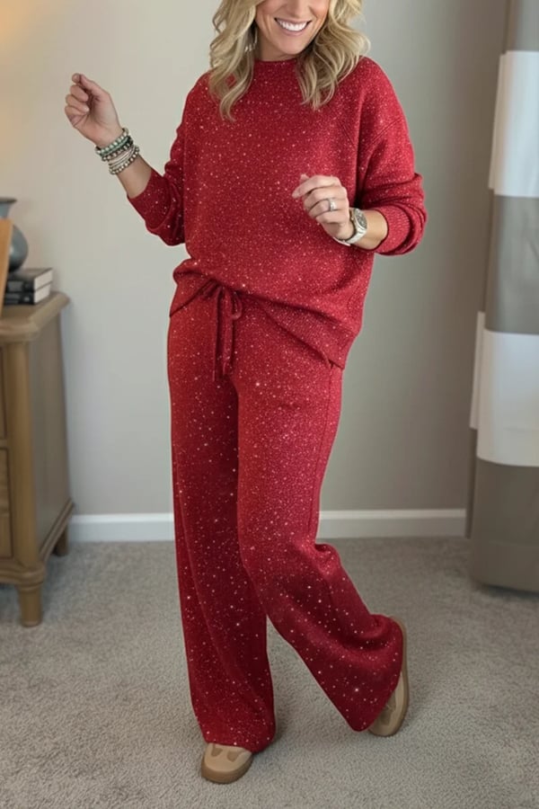 Lisette | Ensemble décontracté brillant pour femme, tailleur-pantalon deux pièces à col rond