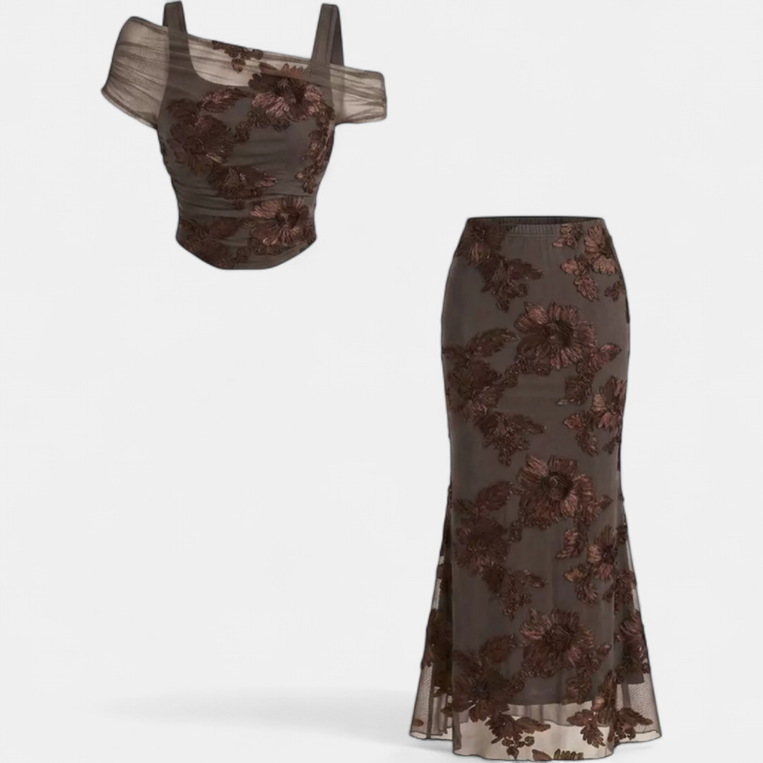 Giselle | Ensemble robe longue sirène à épaules dénudées en maille brodée pour femme
