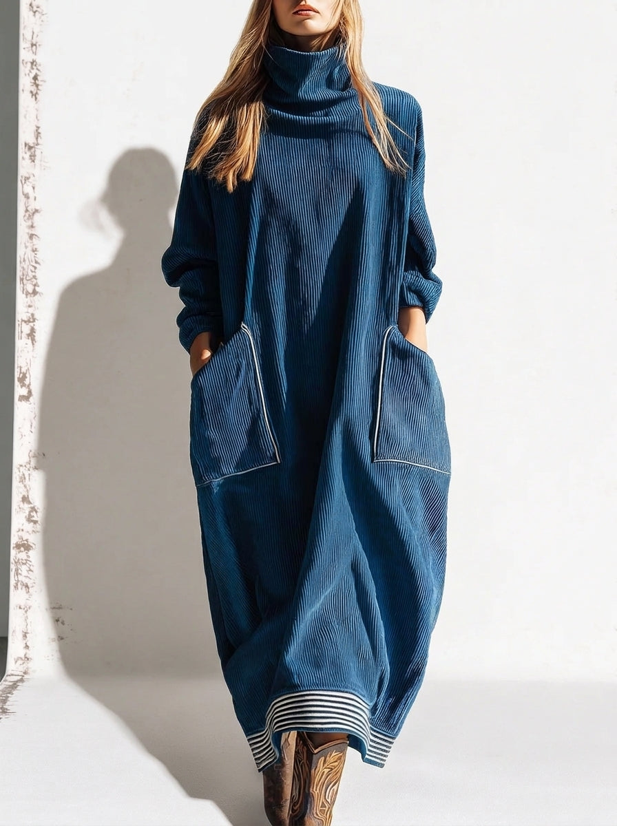 Inès | Robe Midi Vintage à Col Montant et Grandes Poches