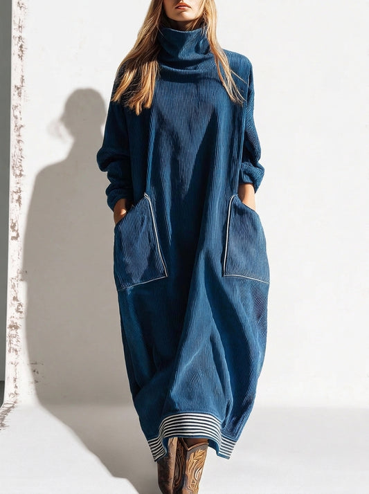 Inès | Robe Midi Vintage à Col Montant et Grandes Poches