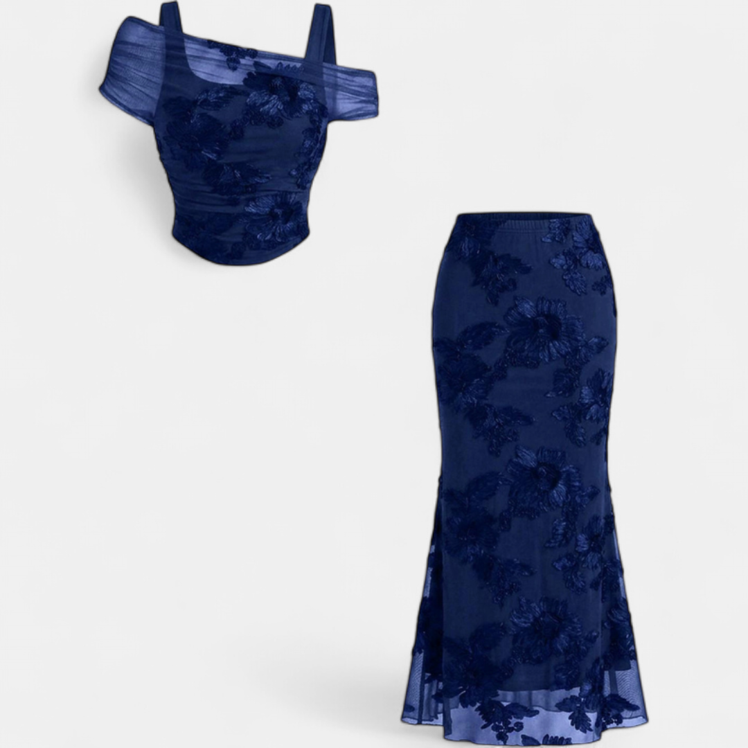 Giselle | Ensemble robe longue sirène à épaules dénudées en maille brodée pour femme