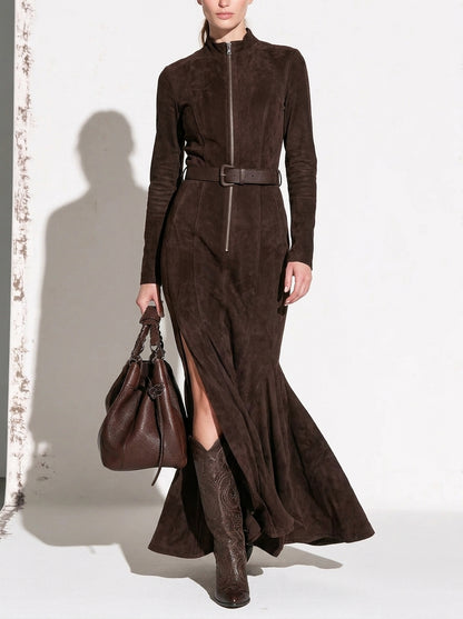 Marceline | Robe Longue Marron avec Ceinture