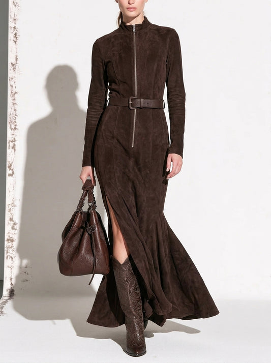 Marceline | Robe Longue Marron avec Ceinture