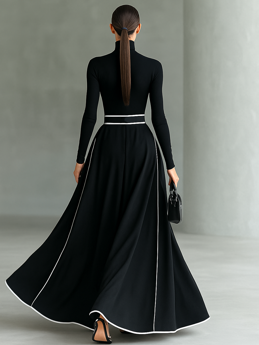 Nathalie | Robe Maxi Noire Coutures Blanches