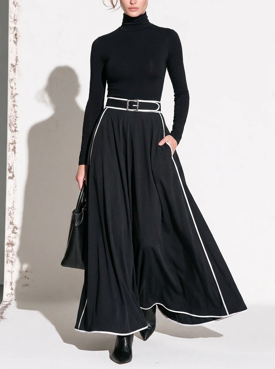Nicoletta | Robe Maxi Noire à Col Montant et Coutures Blanches