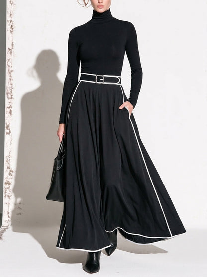 Nicoletta | Robe Maxi Noire à Col Montant et Coutures Blanches