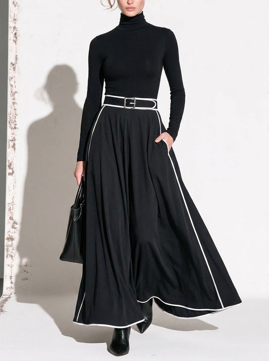 Nicoletta | Robe Maxi Noire à Col Montant et Coutures Blanches