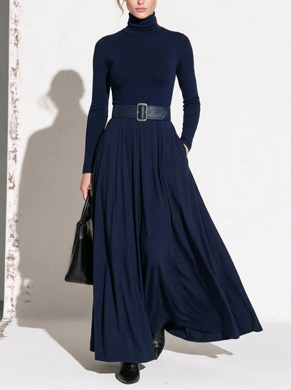 Béatrice | Robe Maxi Col Montant Manches Longues Bleu Foncé