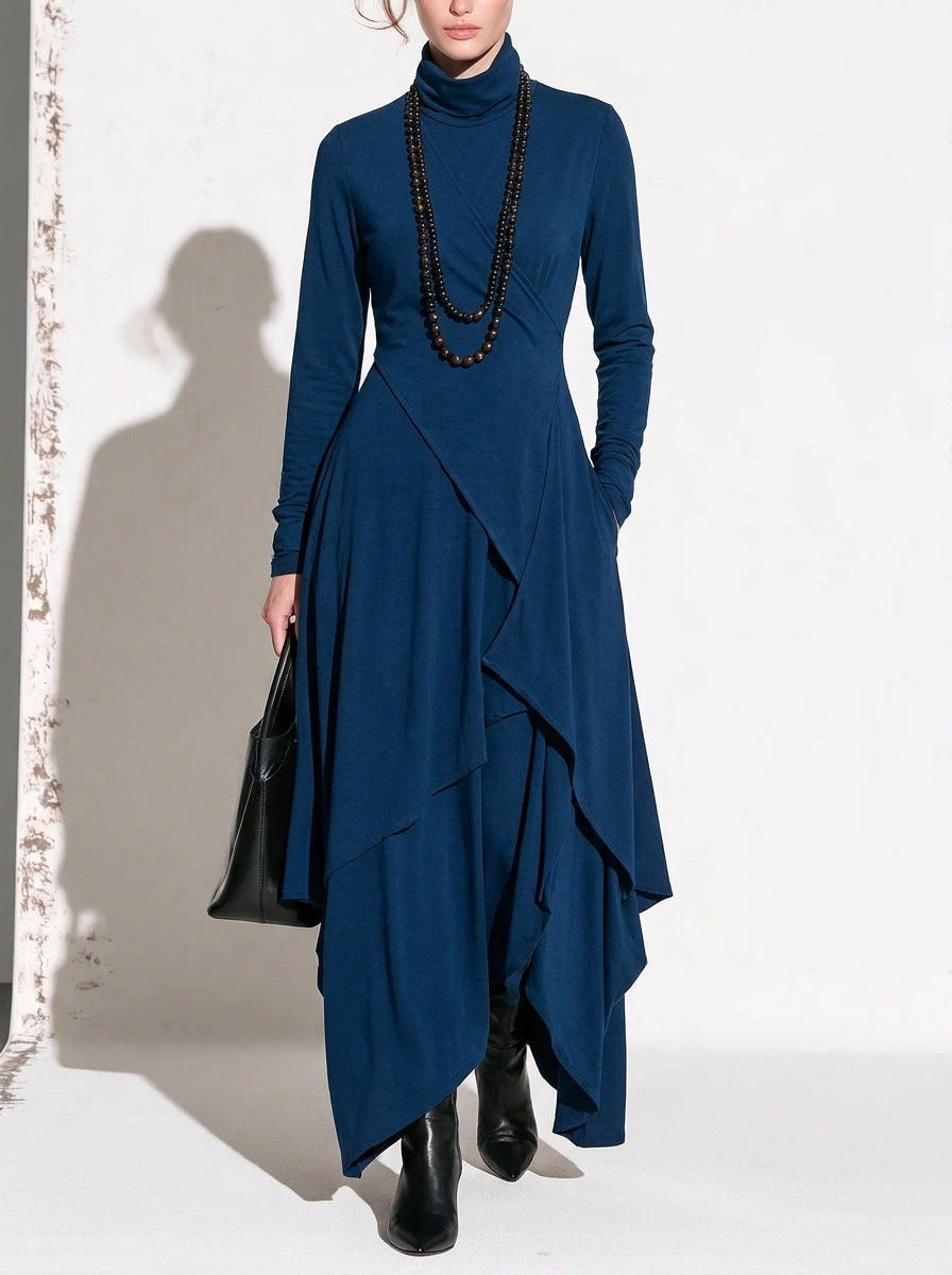 Patricia | Robe Maxi Fluide à Col Montant et Drapé Asymétrique