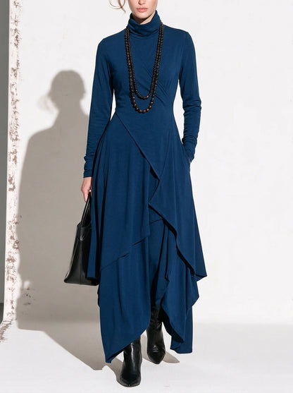 Patricia | Robe Maxi Fluide à Col Montant et Drapé Asymétrique
