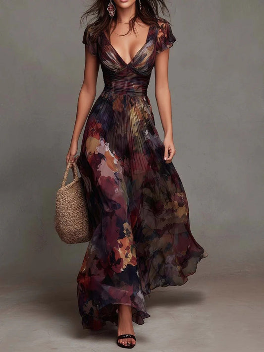 Céleste | Robe longue plissée à motif floral aquarelle et encolure en V
