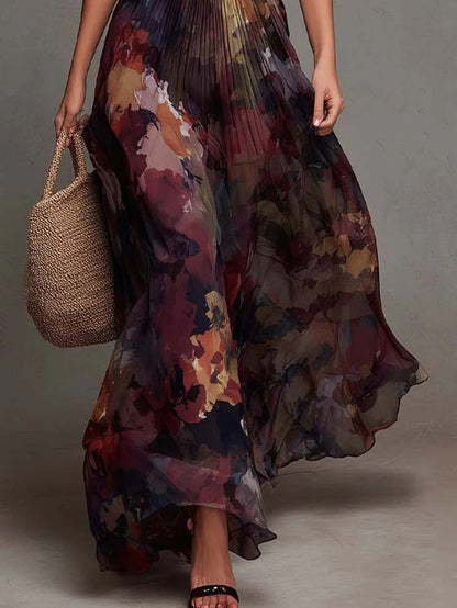 Céleste | Robe longue plissée à motif floral aquarelle et encolure en V