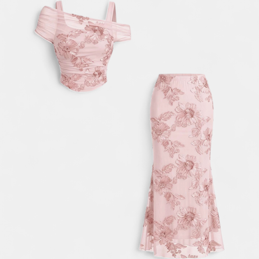 Giselle | Ensemble robe longue sirène à épaules dénudées en maille brodée pour femme