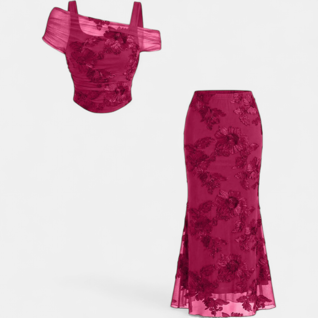 Giselle | Ensemble robe longue sirène à épaules dénudées en maille brodée pour femme