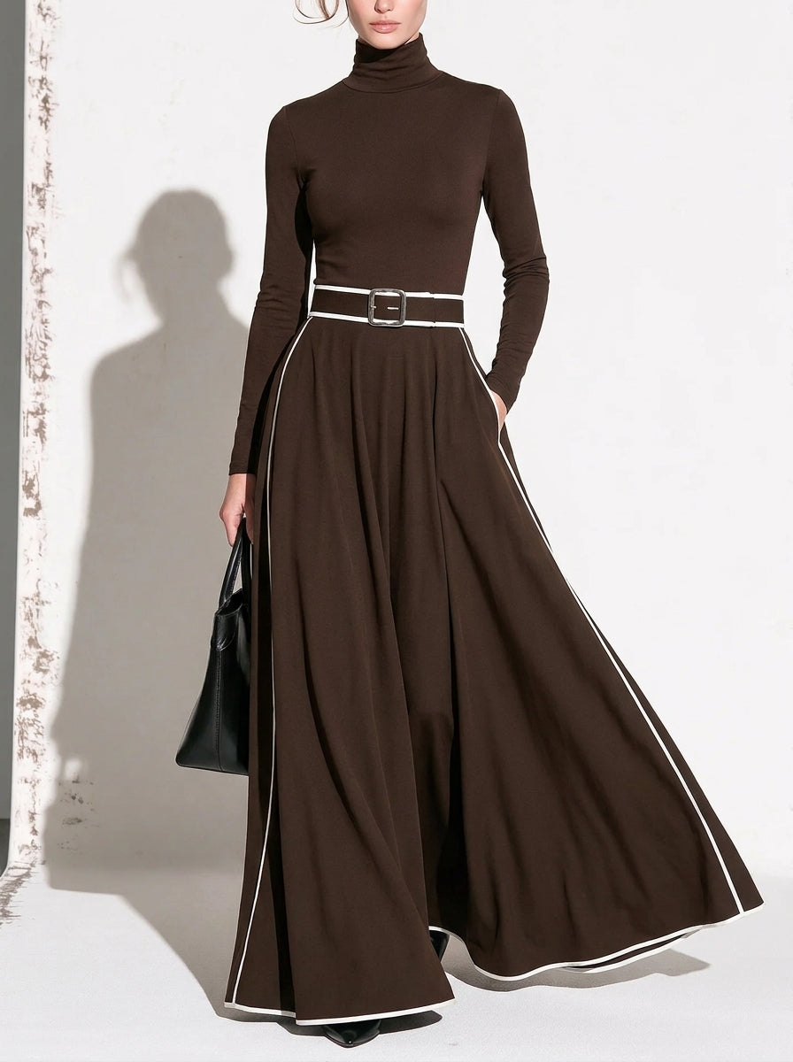Nicoletta | Robe Maxi Noire à Col Montant et Coutures Blanches