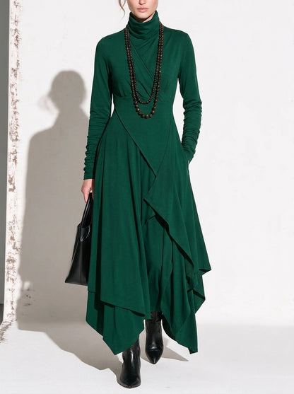 Patricia | Robe Maxi Fluide à Col Montant et Drapé Asymétrique