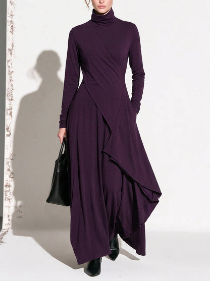 Patricia | Robe Maxi Fluide à Col Montant et Drapé Asymétrique