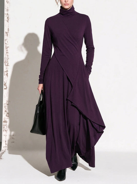 Patricia | Robe Maxi Fluide à Col Montant et Drapé Asymétrique