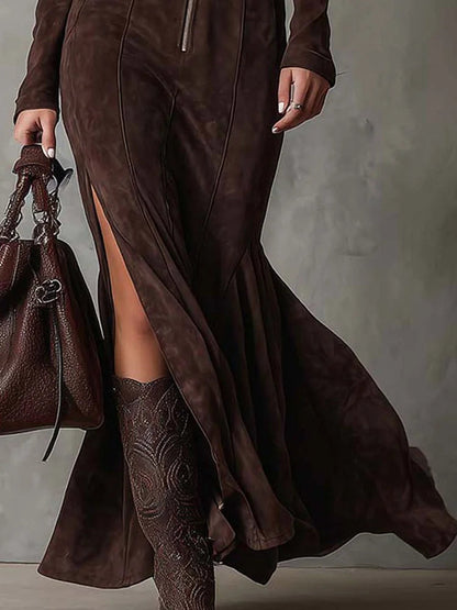 Aurélie | Robe Longue Marron à Ceinture