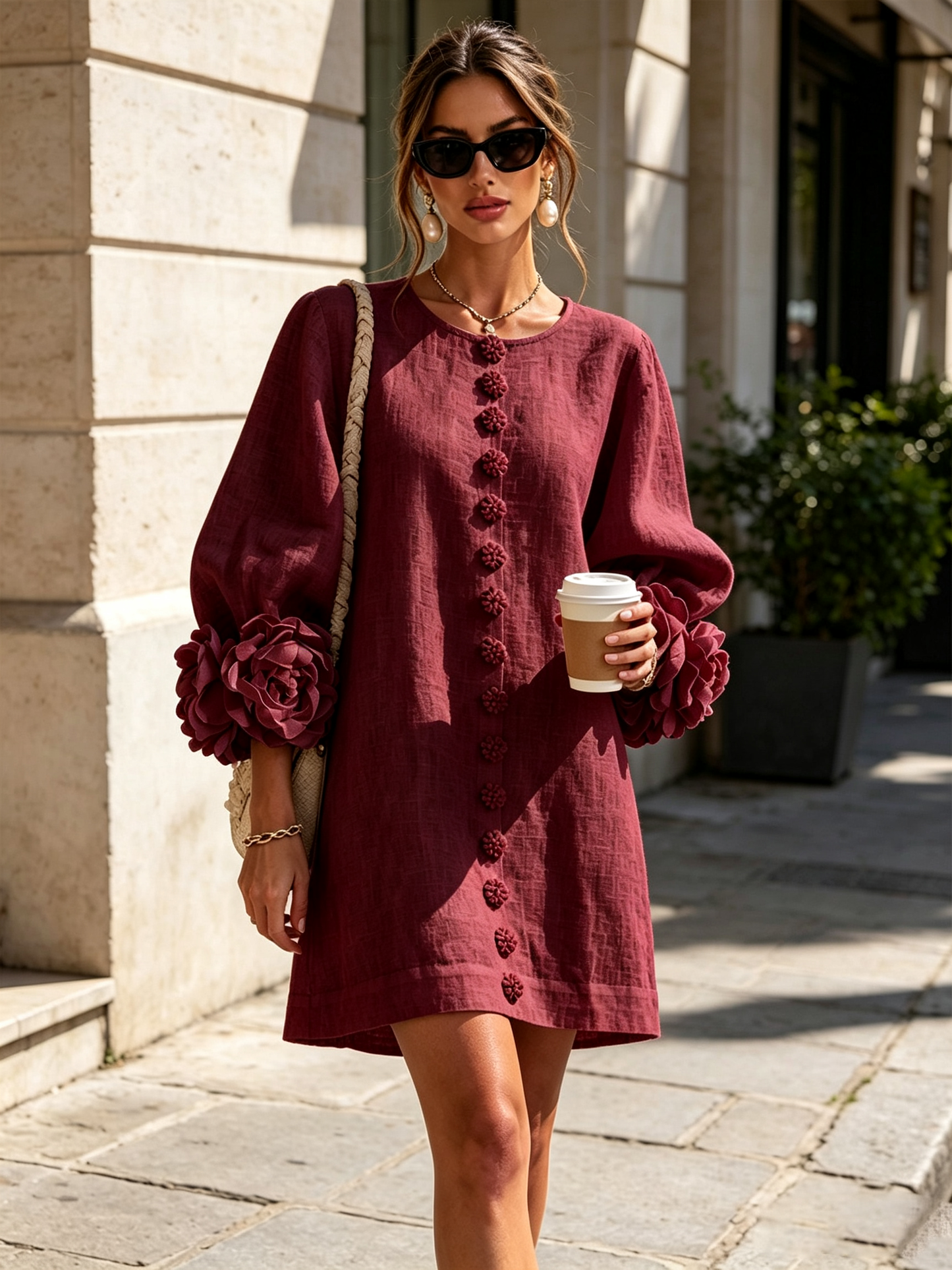 Mini-robe blanche à boutons, motif floral, avec des poignets à motif floral saisissants
